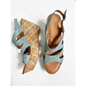 Born Women’s Bulena Leather Cork Wedge Sandals in Blue & Brown - Sz 9